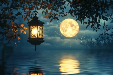 Tranquil Night Scene with Lantern and Moonlight Reflection