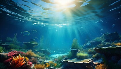Fototapeta premium Underwater View - Tropical Seabed With Reef And Sunshine