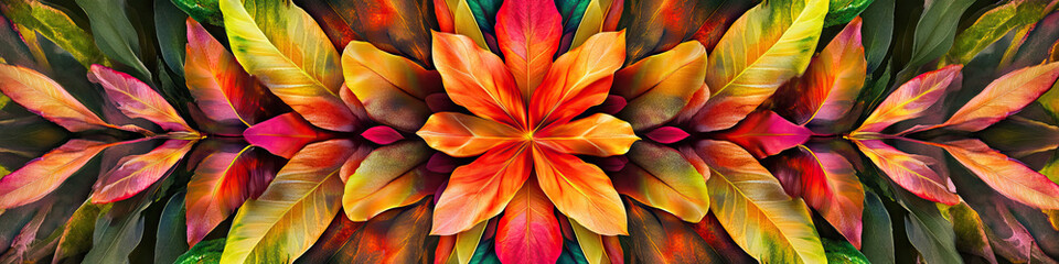 Fototapeta premium A vibrant arrangement of leaves, petals and stems explodes into a kaleidoscopic pattern, filling the frame with organic energy.