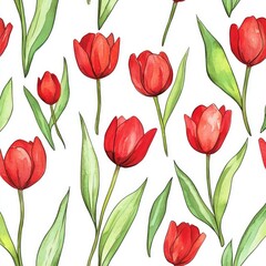 Hand-painted Floral Fabric Design with Red Tulips and Spring Flowers, Crafted Watercolor Pattern