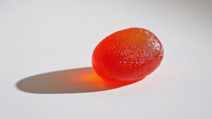 Intriguing, oddly shaped red candy glowing translucent single delicious looking sweet sugary vibrant tempting confectionery