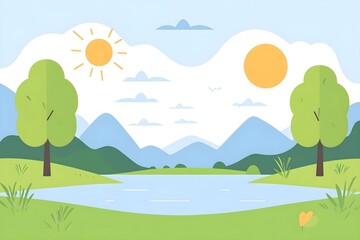 Fototapeta premium Beautiful landscape vector illustration of mountains, forests, fields and meadows. Stunning panoramic farm landscape with mountains in the background. Natural landscape