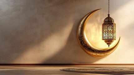 Islamic decoration background with lantern and crescent moon luxury style, ramadan kareem, mawlid, iftar, isra miraj, eid al fitr adha, muharram, copy space text area.