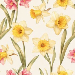 Fototapeta premium Spring Blossoms: Watercolor Floral Design with Pink Tulips and Green Leaves