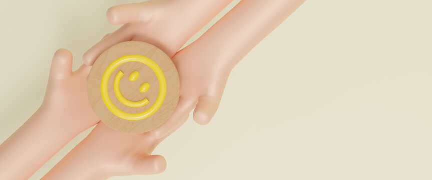 3D hand holding happy smile face emotion, good feedback rating,positive customer review, experience, satisfaction survey ,world mental health day, Compliment Day. Positive Thinking concept. 3d render