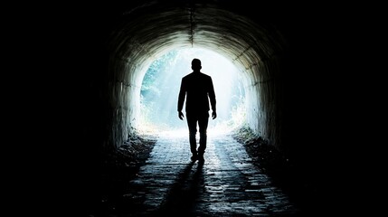 Silhouette of a man walking towards a bright light at the end of a tunnel.