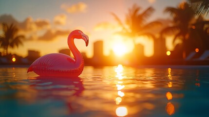 Fototapeta premium A pink flamingo float in a shimmering pool at sunset, evoking relaxation and summer vibes.