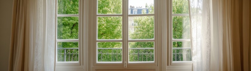 Fototapeta premium Elegant window with white curtains revealing a lush green view outside, creating a serene atmosphere.