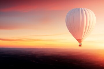 Obraz premium A vibrant hot air balloon soaring through a colorful sunset sky.
