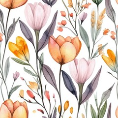 Watercolor Floral Seamless Pattern with Spring Tulips and Blossoms on White Background