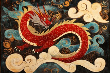 Fototapeta premium Majestic Red Dragon Amidst Swirling Clouds
