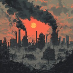 Obraz premium Industrial Cityscape with Smoky Sunset and Full Moon