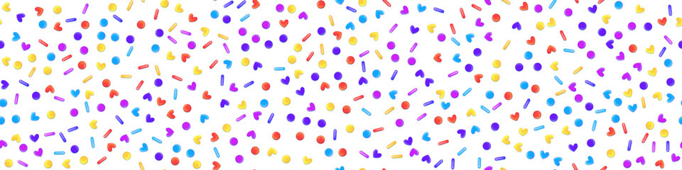 Rainbow sprinkles in shape of hearts, circles and dashes as a seamless patern on white bg. Cute party background with confetti. Ice cream and bakery topping. Holiday vector illustration