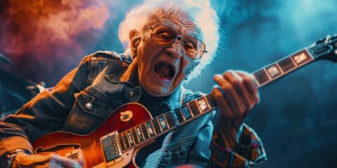 Elderly Rock Star Performing On Stage