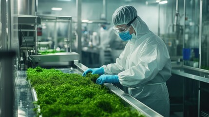Worker in Protective Gear Inspecting Green Produce