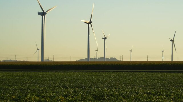 Wind turbine farm at dawn. Clean energy concept with most turbines in motion.