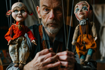 Obraz premium Puppeteer manipulating marionettes in a theater performance generative AI photo