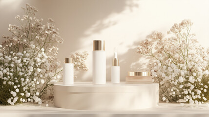 Luxury Skincare Products on Minimalist White Platform 