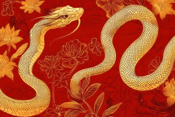 Obraz premium Elegant Snake Design on Red Floral Background