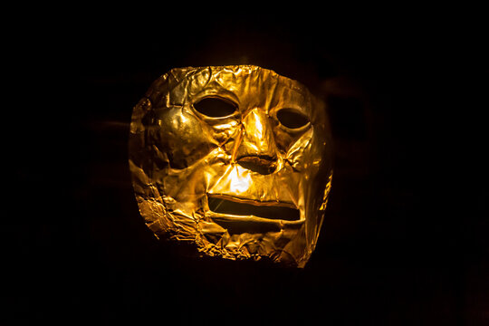 Bogota, Colombia, February 06 2024 : Pre-columbian gold artifact (mask) on display in the museo del oro. The museum of gold is located in Bogot&aacute;, Colombia.