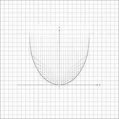 Image of arc on XY axes on notebook sheet of checkered paper. School paper sheet lined in a cage with mathematical drawing of arc. Simple black and white vector isolated on a white background