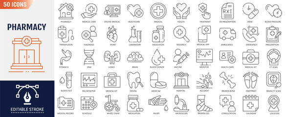 Pharmacy Icon set. Containing healthcare, medical, hospital, health, medicine and others. Vector Illustartion