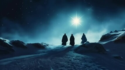 Three Wise Men follow the bright Star of Bethlehem. A mystical, serene scene capturing the journey of Epiphany