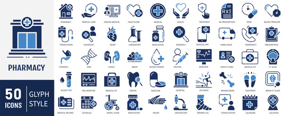 Pharmacy Icon set. Containing healthcare, medical, hospital, health, medicine and others. Vector Illustartion