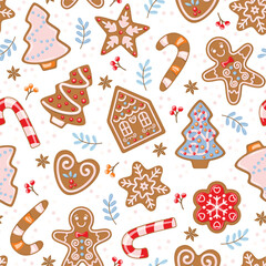 Seamless pattern Christmas theme with ginger breads, candies, Christmas tree, stars. Vector illustration.