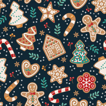 Seamless pattern Christmas theme with ginger breads, candies, Christmas tree, stars. Vector illustration.