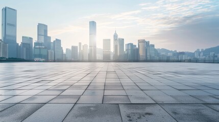 Empty square floor with city skyline background, Urban square with lively food festival, culinary city scene
