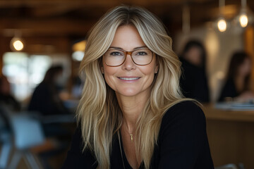 Obraz premium Smiling middle-aged blonde woman with glasses in a modern office, showcasing confidence, intelligence, and approachability, ideal for themes of leadership, career success, and business communication. 