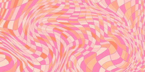 Psychedelic square chessboard in retro colors. Checkerboard background. Twisted and dynamic texture ideal for modern, tech-inspired designs, posters, flyers, music cards. 