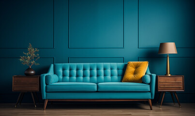Teal Velvet Sofa in MidCentury Modern Living Room