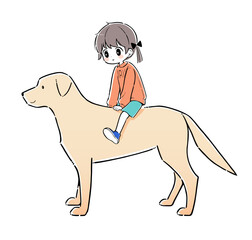 犬の背中に乗った少女のイラスト