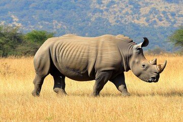 Obraz premium Majestic Rhino Walking Through African Savanna Landscape