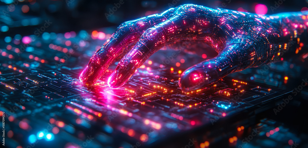 Poster futuristic robot hand interacting with ai network for global data exchange and machine learning