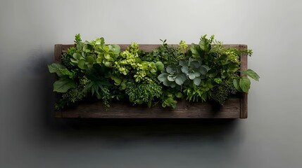 Reclaimed wooden planter box featuring a curated collection of thriving greenery trailing vines and varied textures set against a clean white backdrop in a contemporary minimalist style