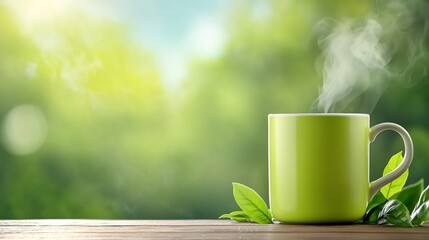 Steaming Green Tea Mug on Rustic Wooden Table with Soft Backlit Haze