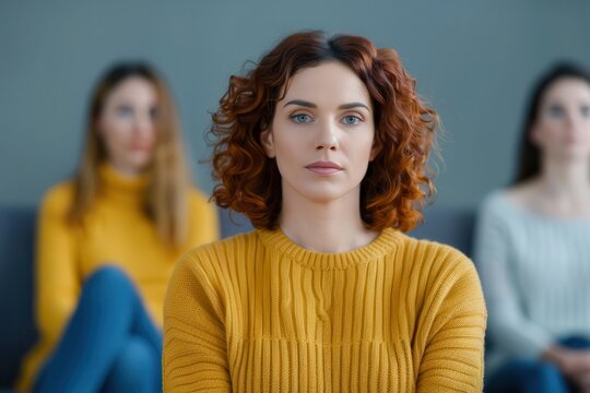 Mental Health Services and Healthcare Access. Thoughtful woman in a group setting