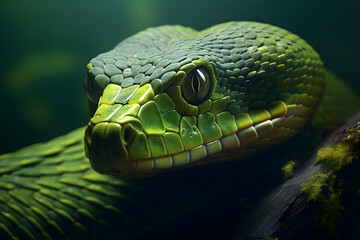 Fototapeta premium Close-up of green snake in jungle with intense eyes, wildlife photography, snake in nature