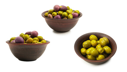 Olives in ceramic brown bowl isolated on white