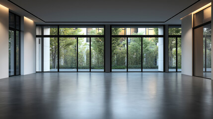 Fototapeta premium Spacious modern interior with large floor-to-ceiling windows overlooking a lush garden area with trees and greenery, featuring a sleek gray floor and neutral walls.