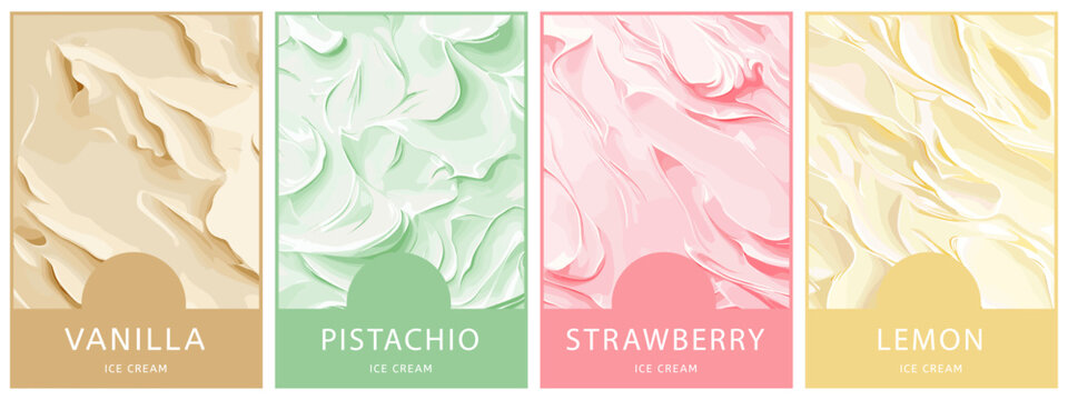 Ice cream texture vertical backgrounds set with place for heading. Vanilla strawberry lemon pistacho colors. Sweet shop store backdrop party invitation template backdrop banner. Cartoon style vector