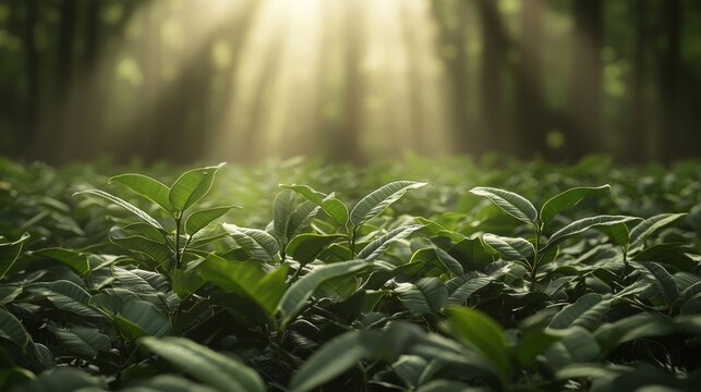 Lush rubber plantation landscape, vibrant greenery, ideal for promotional materials, showcasing natural beauty and agricultural richness