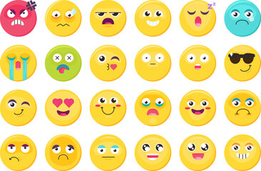 different facial expressions colorful emoji icon set, happy, sad, angry, kiss, sleepy, love, crying, bored, surprised. Funny vector sticker, social media mood, emotion and feeling chat element