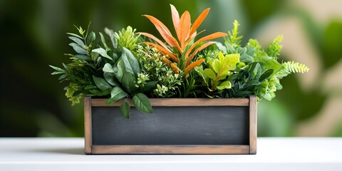 Distressed wooden flower box overflowing with a curated selection of flourishing varied greenery photographed on a crisp white tabletop in a studio setting  The natural