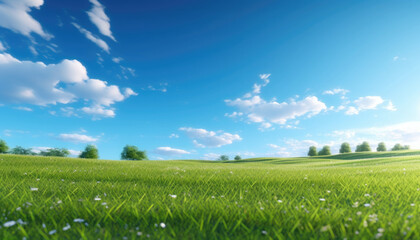 Fototapeta premium Lush green field under a clear blue sky with fluffy white clouds.