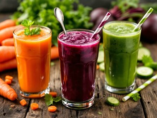 Colorful Fresh Vegetable and Fruit Juices on Rustic Wooden Table, Healthy Detox Drink Photograph