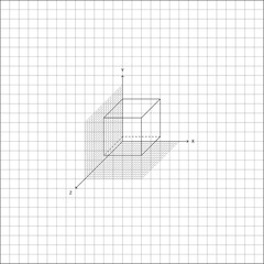 Image of cube built on an isometric coordinate grid on notebook sheet of checkered paper. School paper sheet lined in a cage with mathematical drawing of cube built. Simple black and white vector